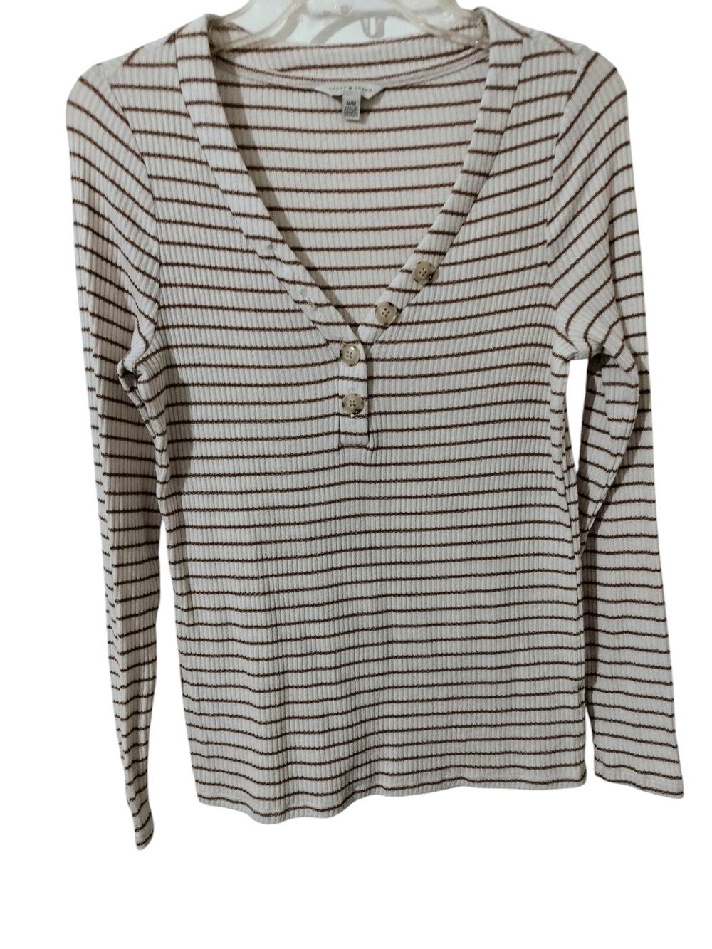 5860) Lucky Brand Stripe Henley Ribbed Long Sleeve Tee Medium